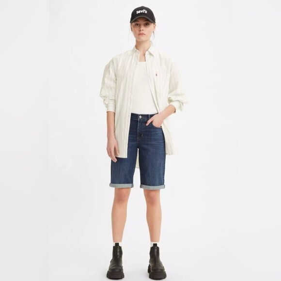 NWT Levi's Blue mid rise stretch 5 pocket Bermuda Jean Shorts with Cuffed Hem - Picture 1 of 4